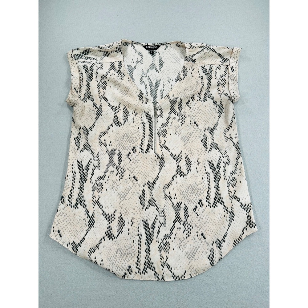 Express Women's Medium Snake Print Blouse Zip Front Cap Sleeve Career Casual Top
